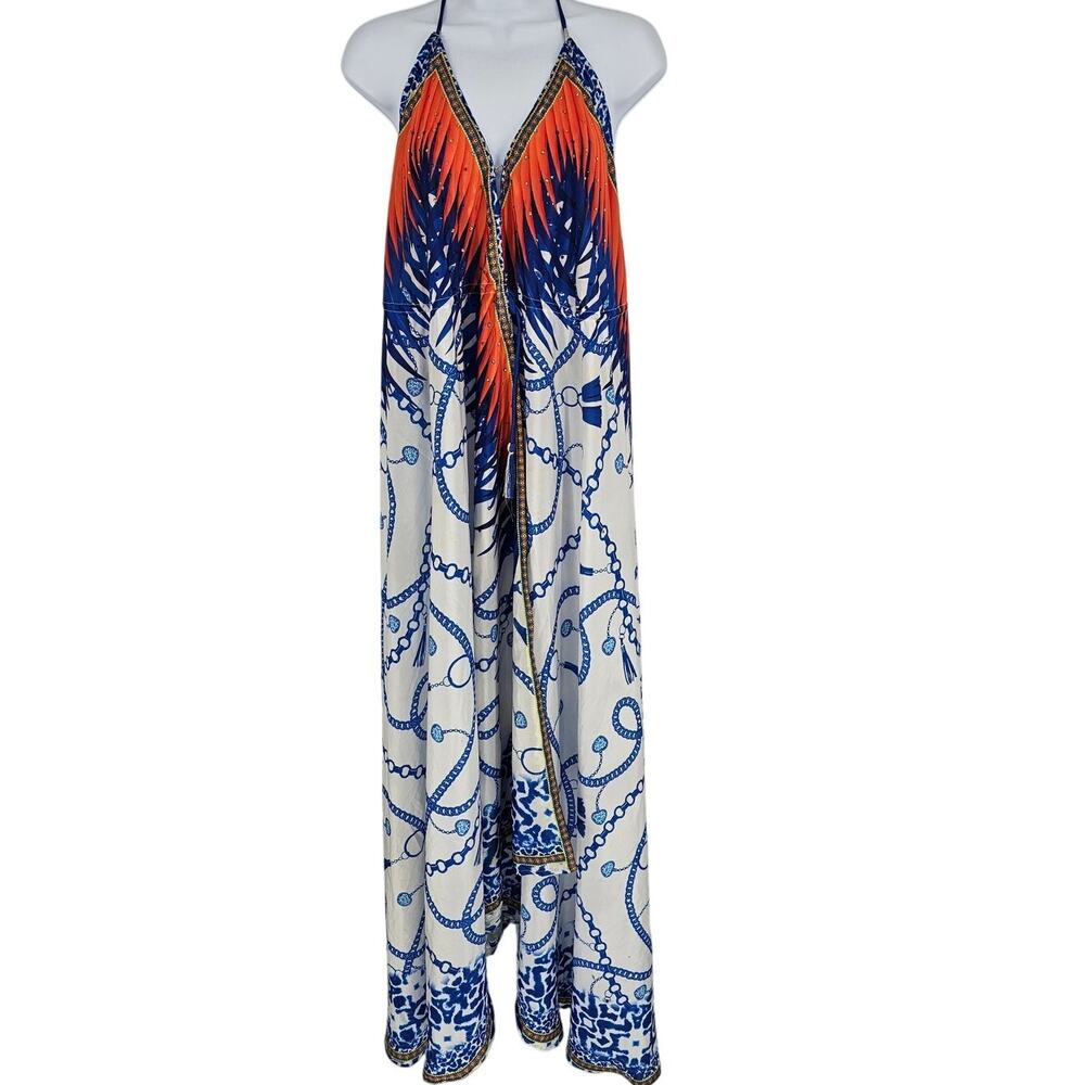 Advance Free Size Floral Halter Dress 100% Silk Swimsuit Coverup w/ Rhinestones